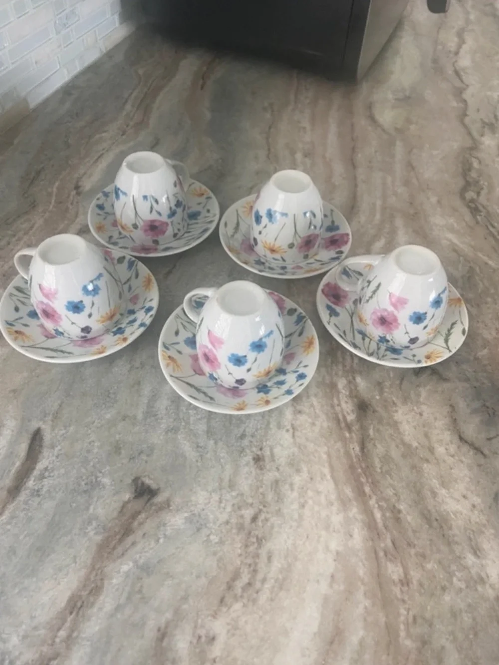 Floral Ceramic Tea Cup and Saucer Set - White with Pink, Blue & Yellow Flowers